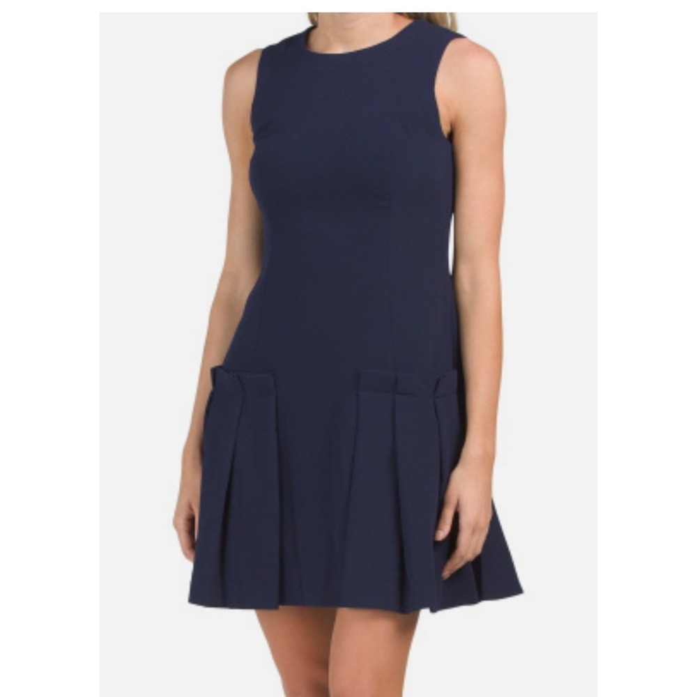 Eliza J Pleated Drop Waist Dress Womens 12P Navy Blue NWT Bow Accent EJ8P9643